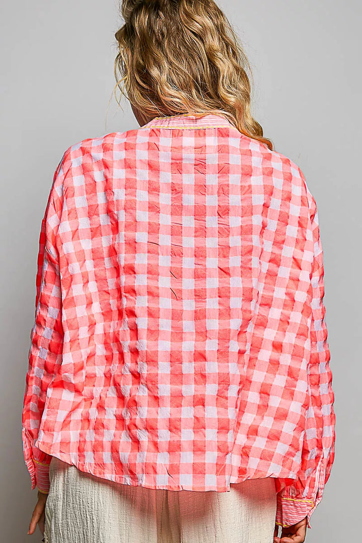 POL Gingham Embroidered Palm Tree Blouse