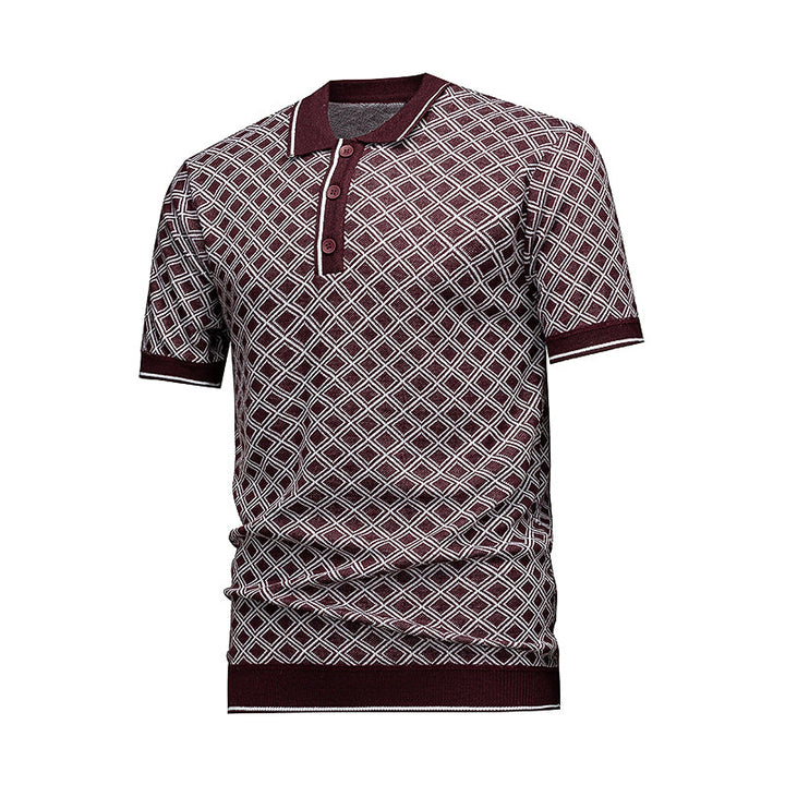 Men's Short Sleeve Knit Polo Shirt, Burgundy Diamond Geometric Jacquard, Smart Casual Retro Style, Breathable Knitted Top