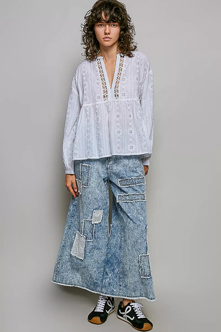 POL Lace Eyelet Long Sleeve Cotton Blouse