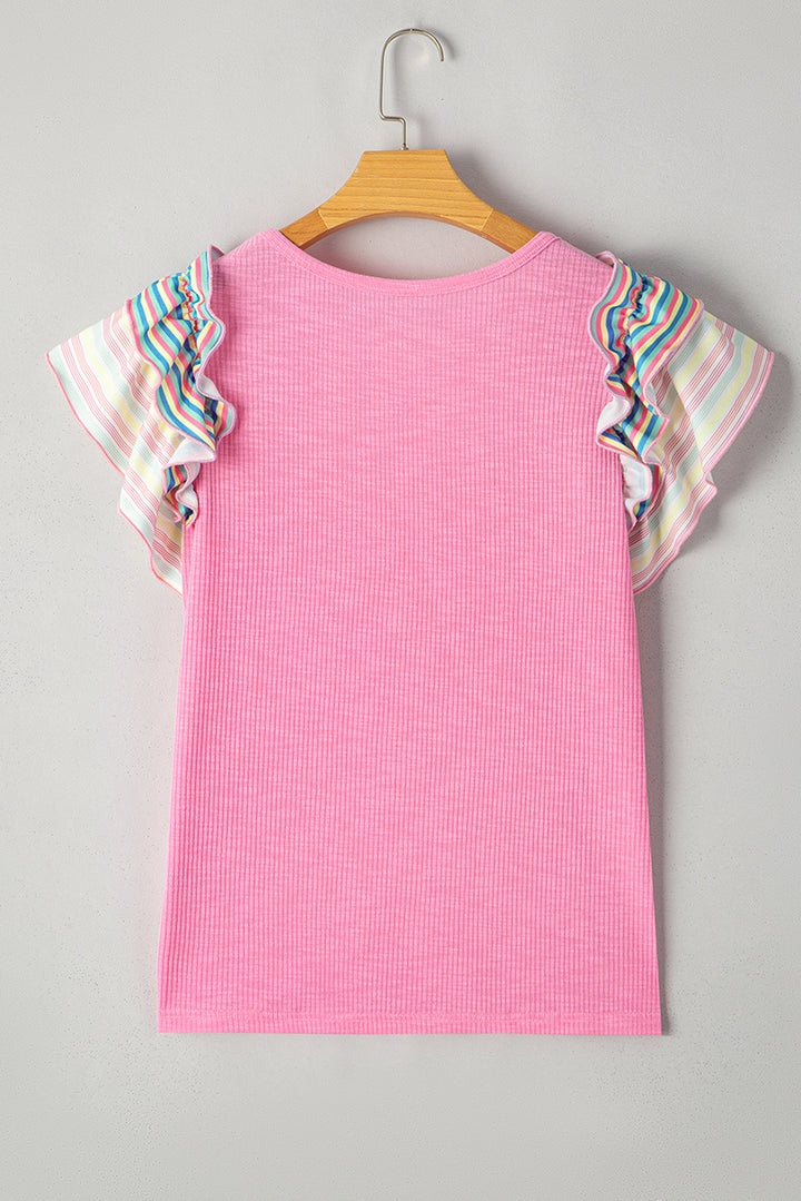 Bonbon Striped Ruffle Flutter Sleeve Ribbed Blouse