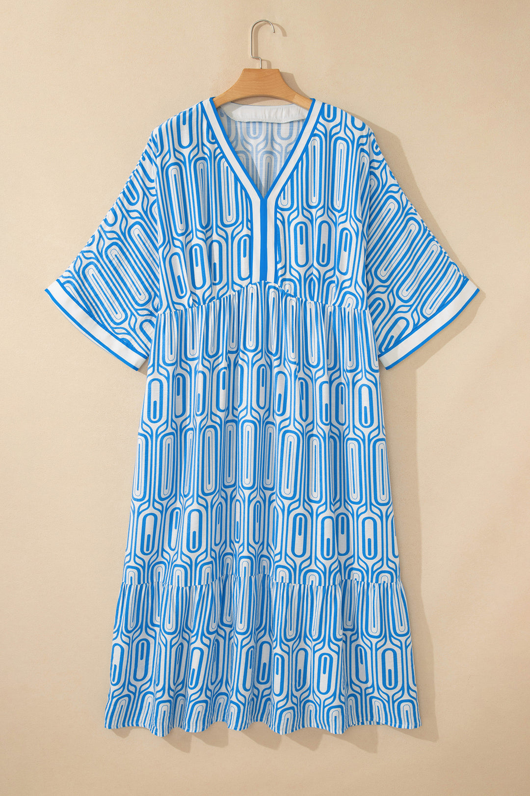 Sky Blue Plus Size Geometric Print Contrast Trim V Neck Bracelet Sleeve Long Dress