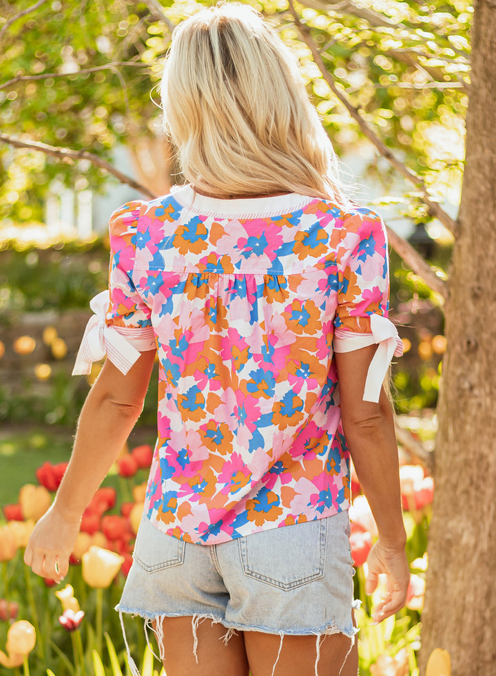 White Floral Colorblock Striped Edge V Neck Knotted Short Sleeve Blouse