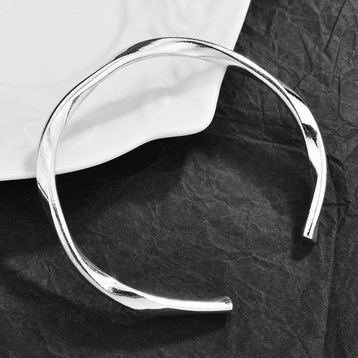 Mobius Irregular Geometric Open Cuff Bangle Set For Women, Broken Silver Stackable Bracelets, Minimal European Fashion Jewelry