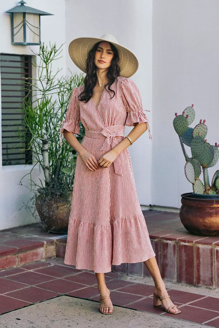 SO ME Stripe Textured Short Sleeves Lined Wrap Midi Dres