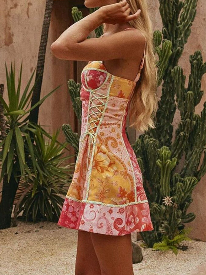Floral Print Lace-Up Mini Dress