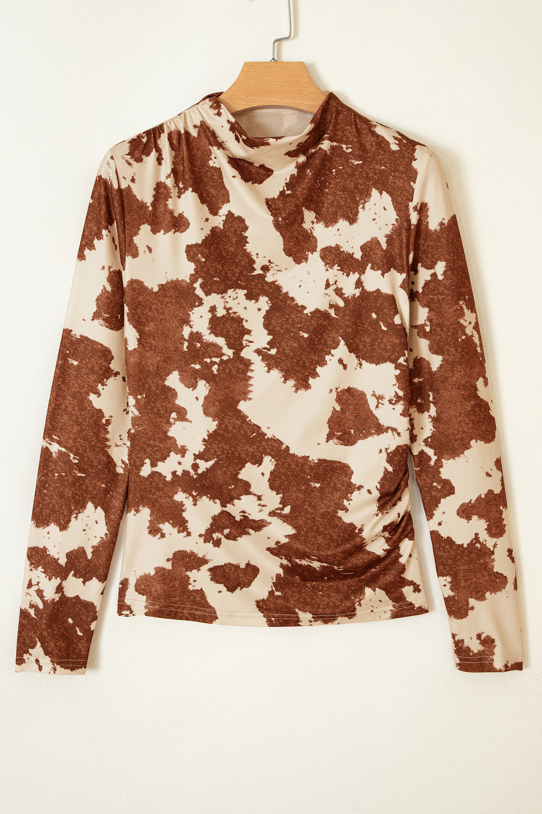 Brown Western Cow Spots Printed High Neck Sheath Long Sleeve Top