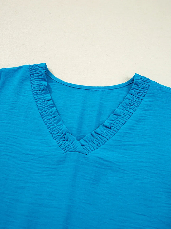 Textured Frill Smocked V-Neck Blouse