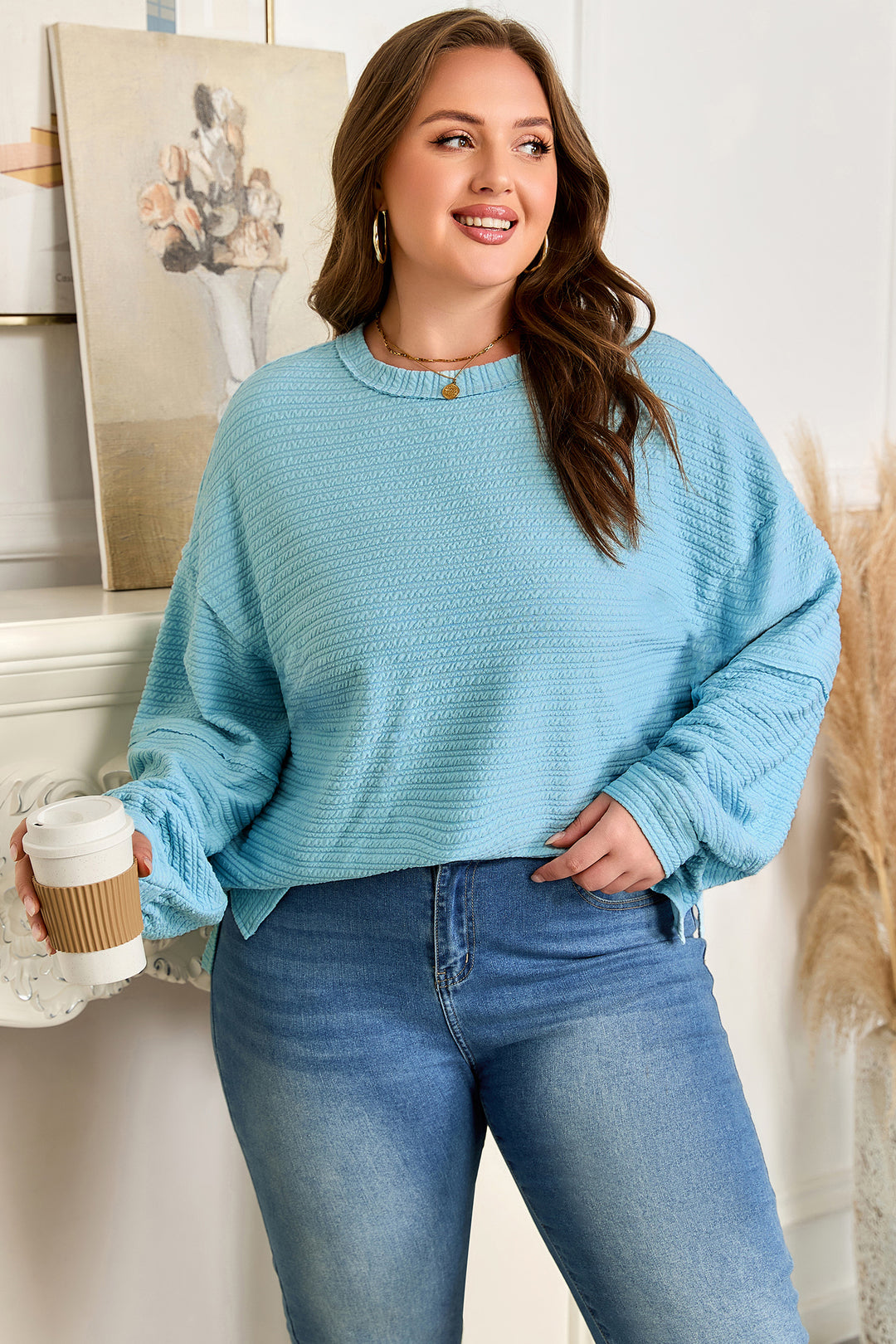 Light Blue Textured Drop Shoulder Plus Size Knit Top