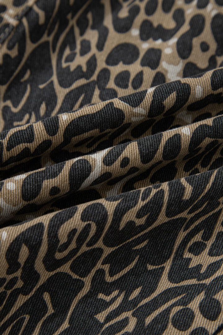 Khaki Contrast Scalloped Lace Trim Leopard Denim Shorts