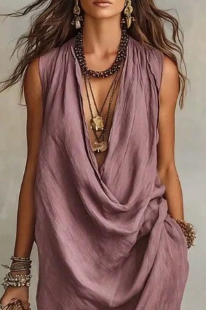 Sleeveless Drape Neck Midi Dress