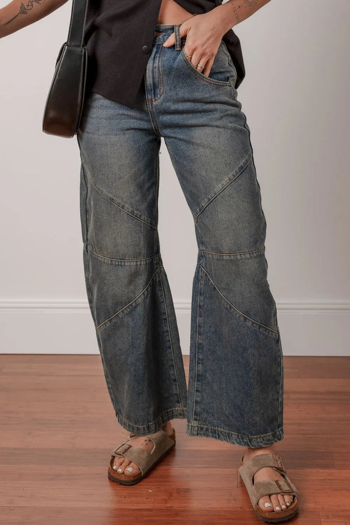 Exposed Stitching Loose Straight High Waist Jeans