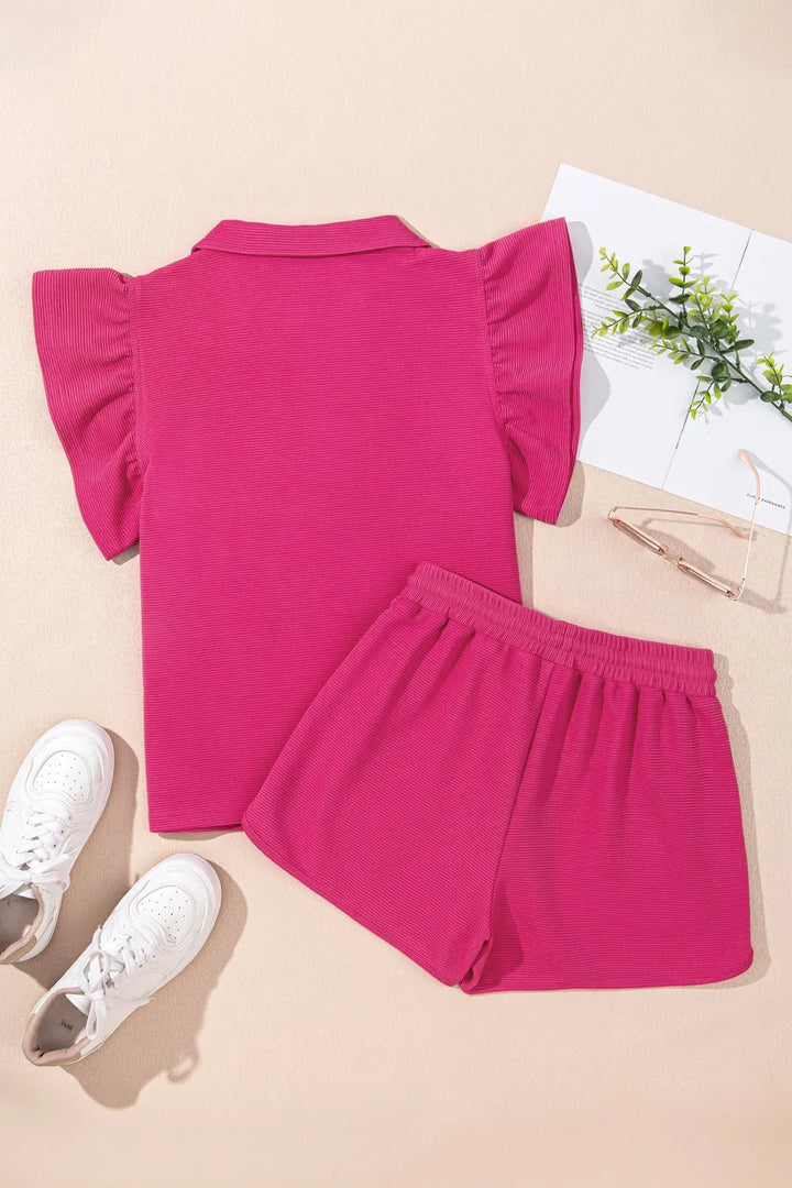 Striped Detail Flutter Sleeve Zipped Collar Top and Short Set