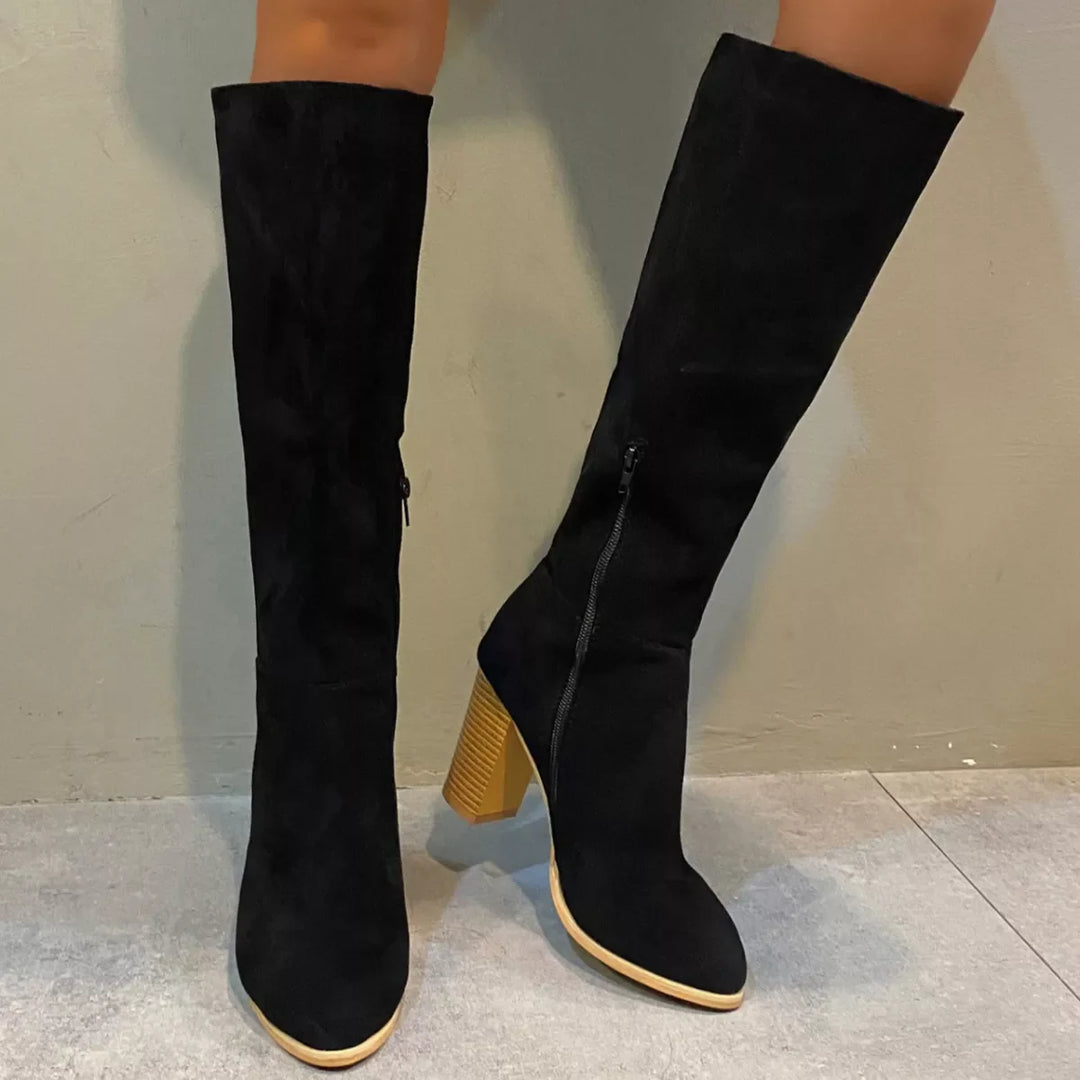 Point Toe Knee-High Suede Block Heel Boots