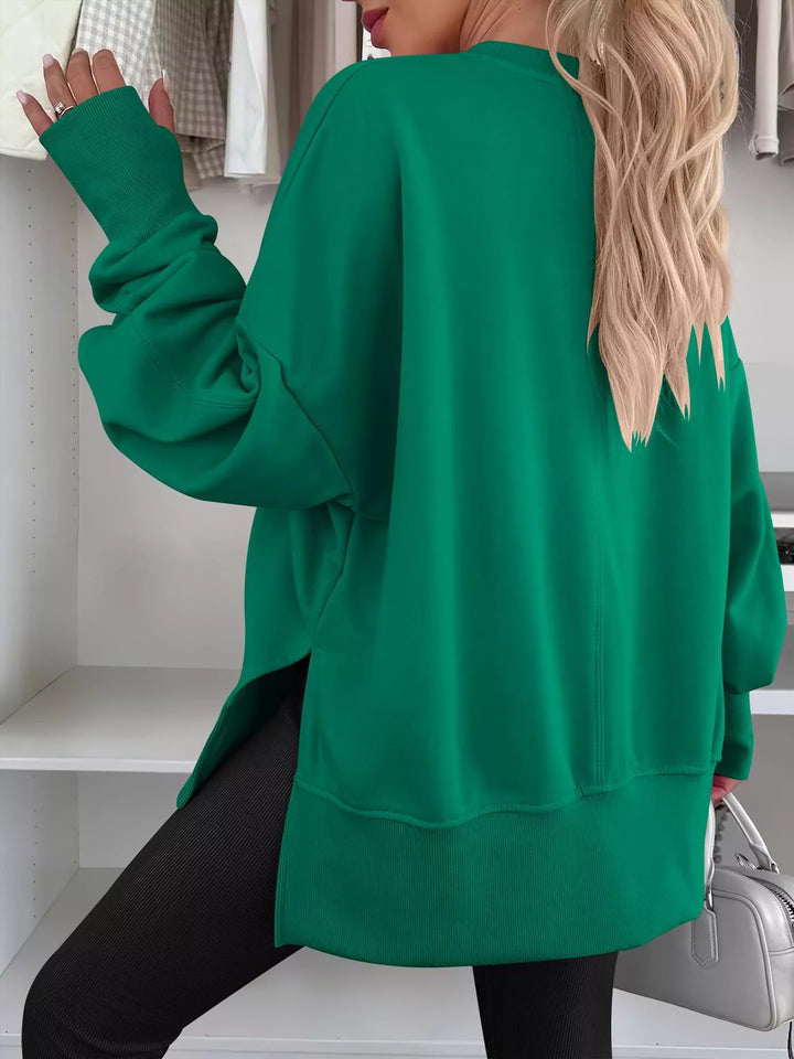 Side Slit Round Neck Long Sleeve Sweatshirt