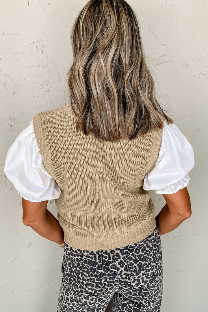 Light French Beige Round Neck Knit Contrast Short Sleeve Patchwork Sweater Top