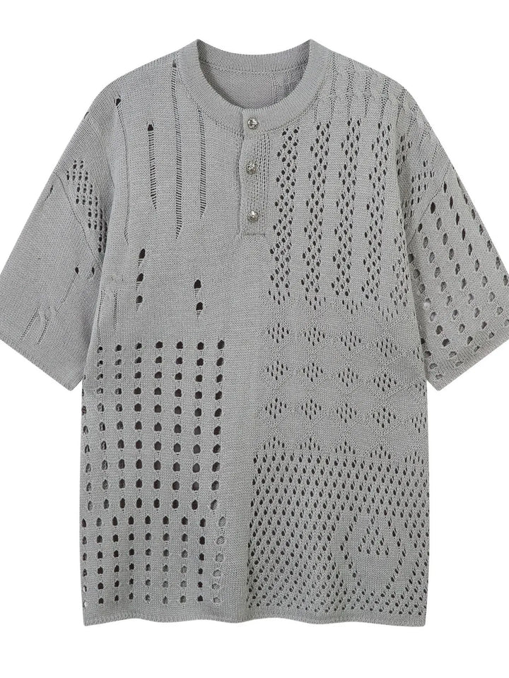 Men's Openwork Button Detail Knit Henley T-Shirt