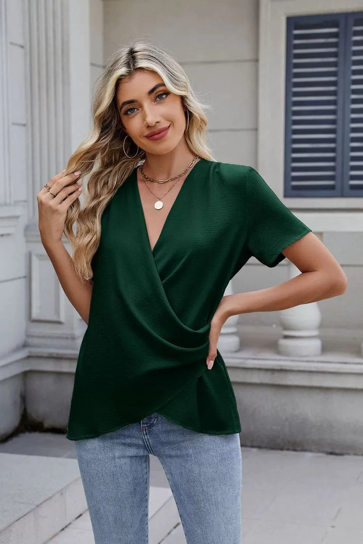 Solid Color Surplice Short Sleeve Blouse