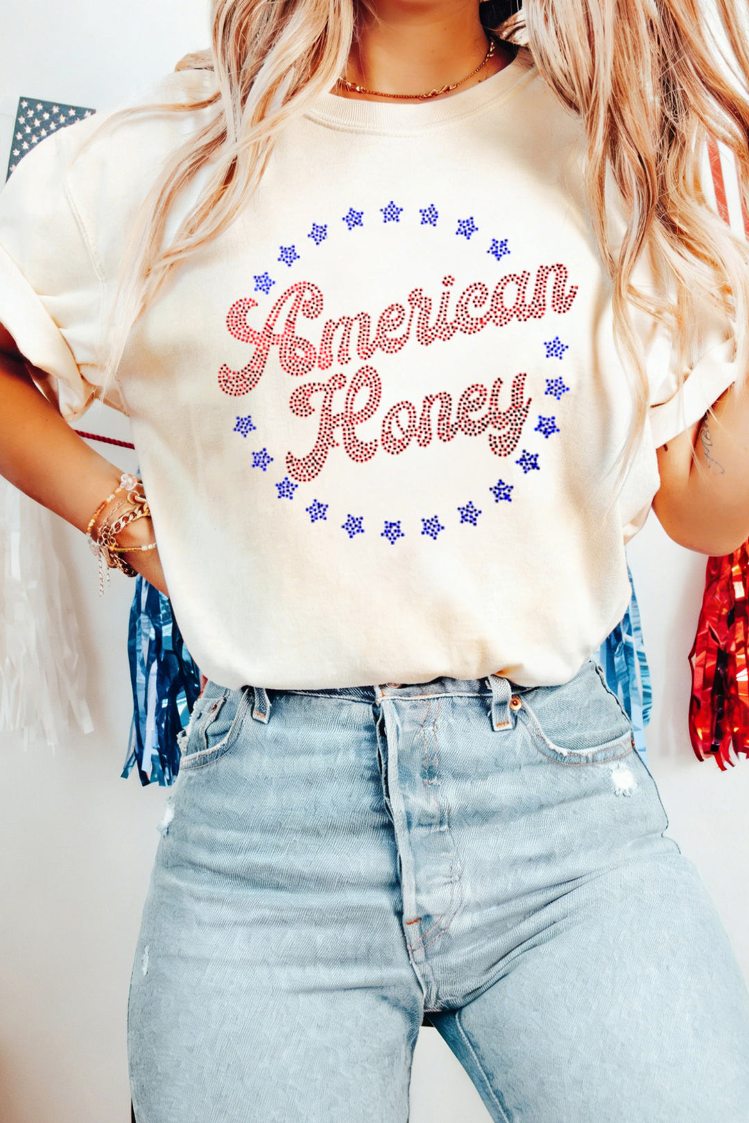 White American Honey Rhinestone Graphic Tee