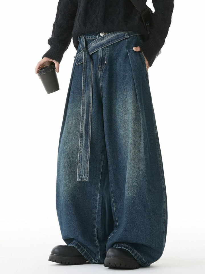 Men's Full Size Wash Belted Wide Leg Jeans Plus Size