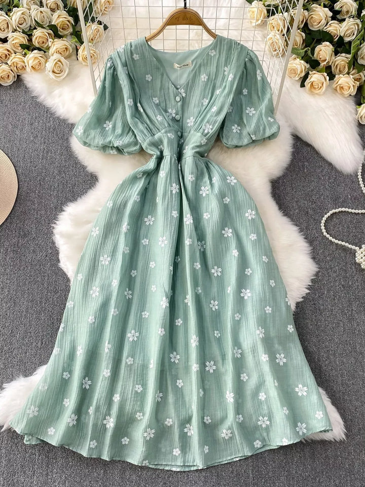 Floral Puff Sleeve A-Line Midi Dress