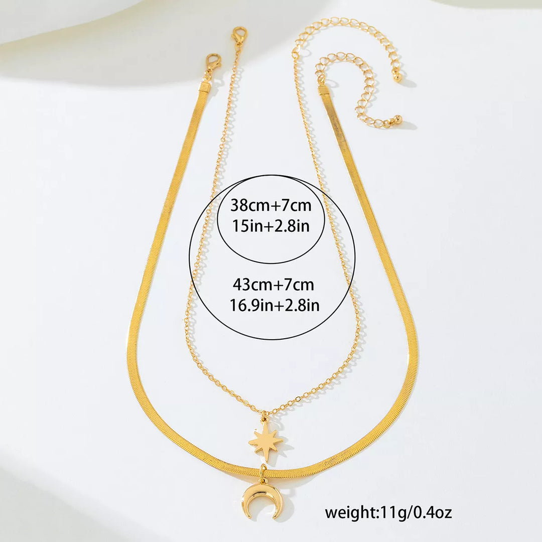 2 Piece 18K Gold-Plated Moon & Star Necklace
