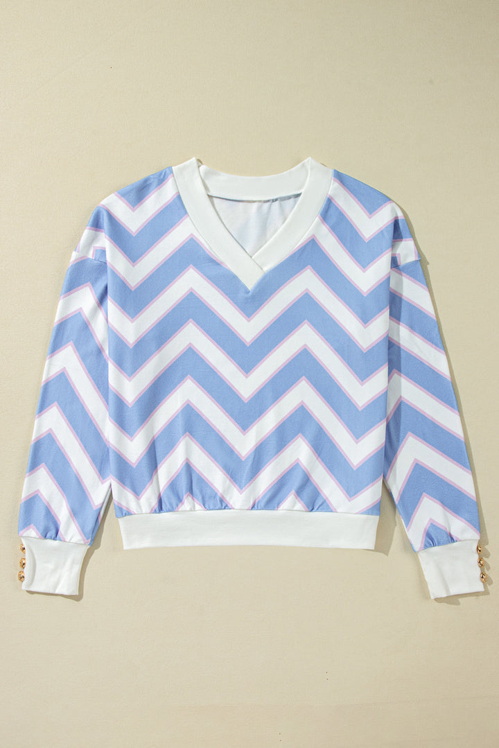 Haut oversize à col en V et imprimé rayures zigzag bleu ciel