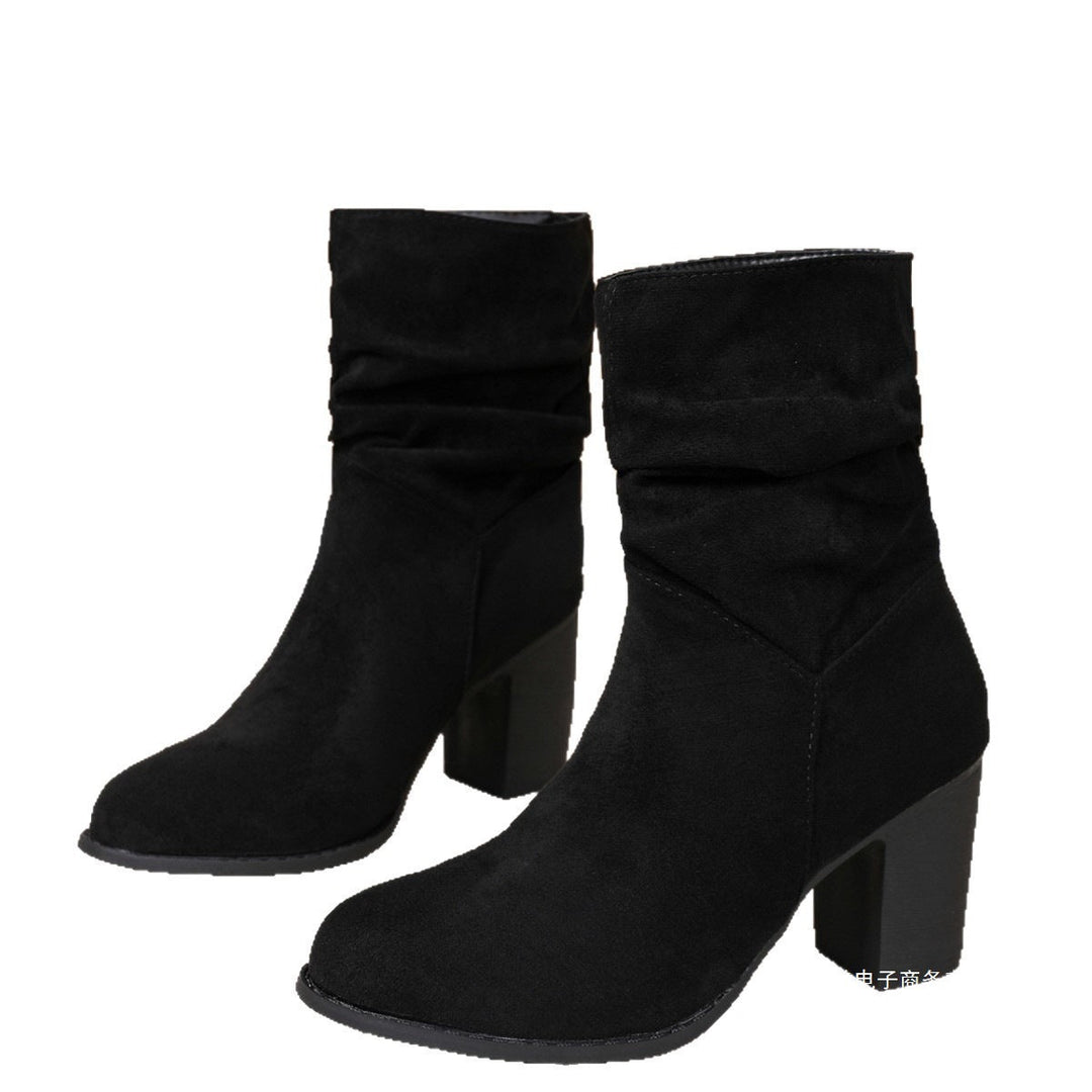 Womens Fashionable Plus-size Suede Chunky-heel Boots