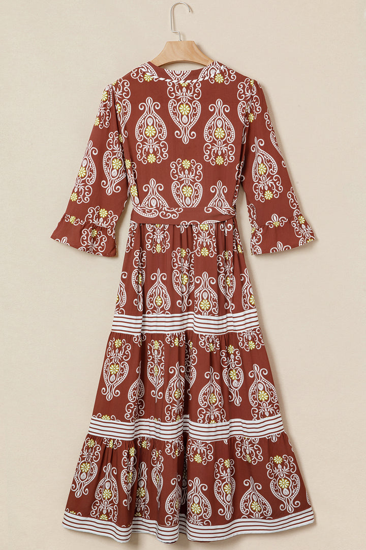 Brown Floral Print Belted Striped Trim Tiered Maxi Dress