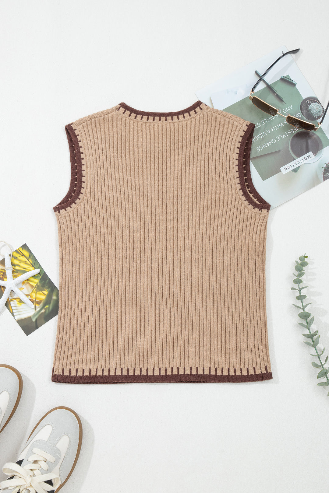 Light French Beige Ribbed Knit Contrast Trim Round Neck Horseshoe Sweater Vest