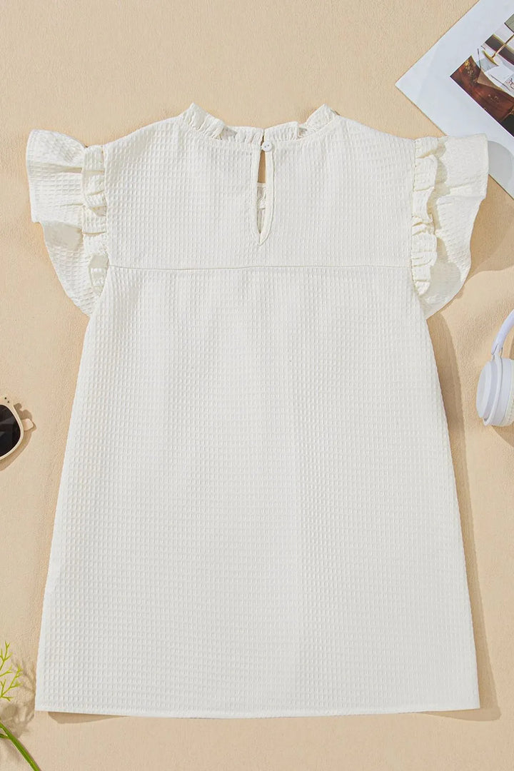 Solid Color Ruffle Trim Waffle Knit Blouse