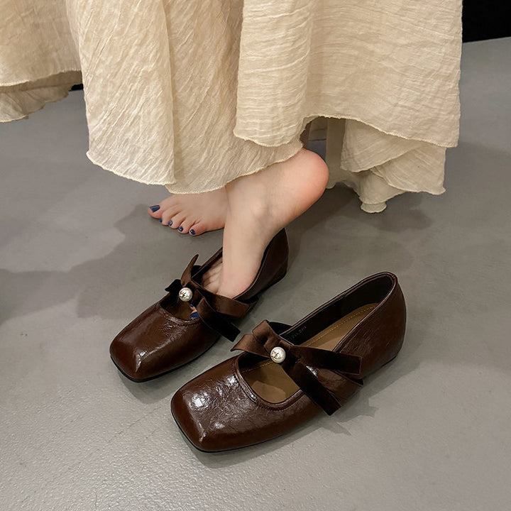Korean Version Of Pearl Bow Single Shoes Women's Shoes 2026 Spring New Item With Increased Height Ballet Shoes French Mary Jane Shoes