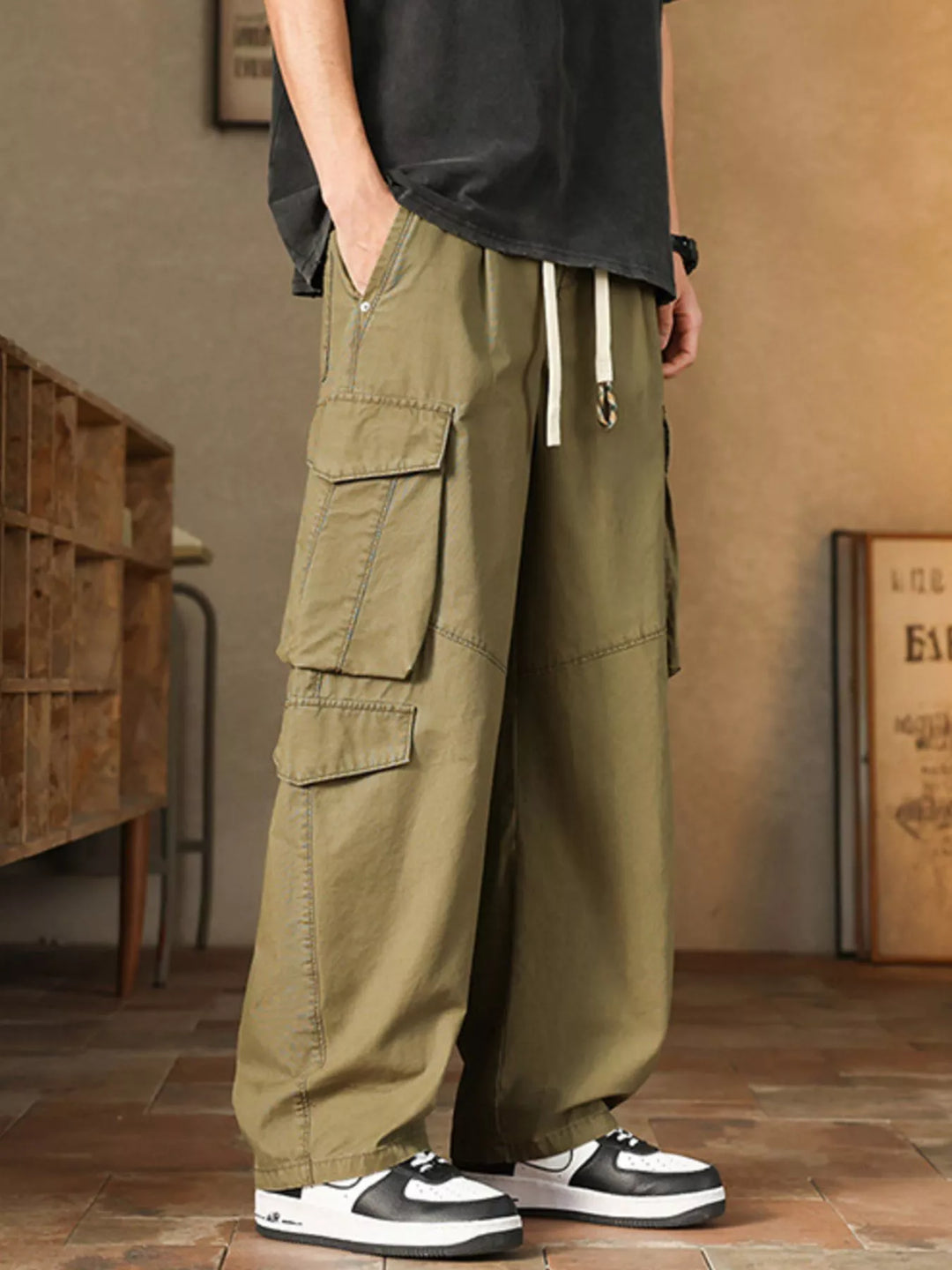 Men's Plus Size Loose Fit Cargo Pants with Drawstring