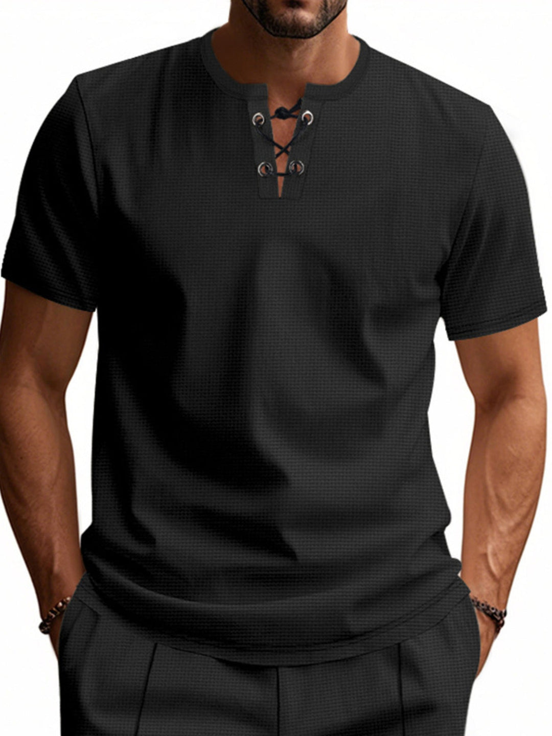 Men's Full Size Lace-Up Neck T-Shirt Plus Size