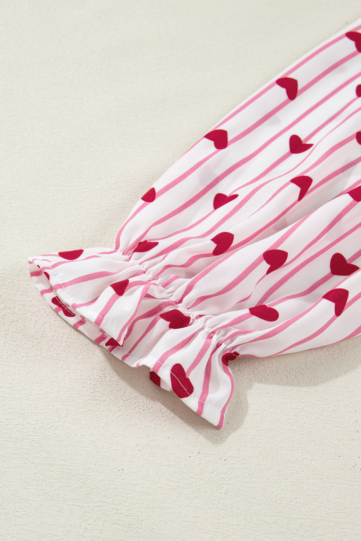 Pink Stripe Textured Heart Print Long Flounce Sleeve Shirt