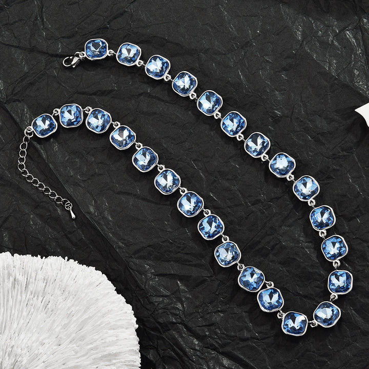 Light Blue Cushion Cut Cubic Zirconia Choker Necklace For Women, Silver Full Inlay Elegant Wedding Party Collarbone Chain Fashion Jewelry