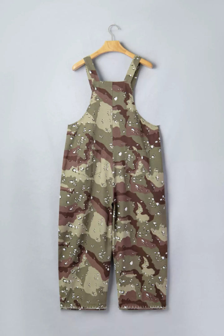 Camouflage Print Leopard Detail Loose Denim Overall Cropped Jumpsuit