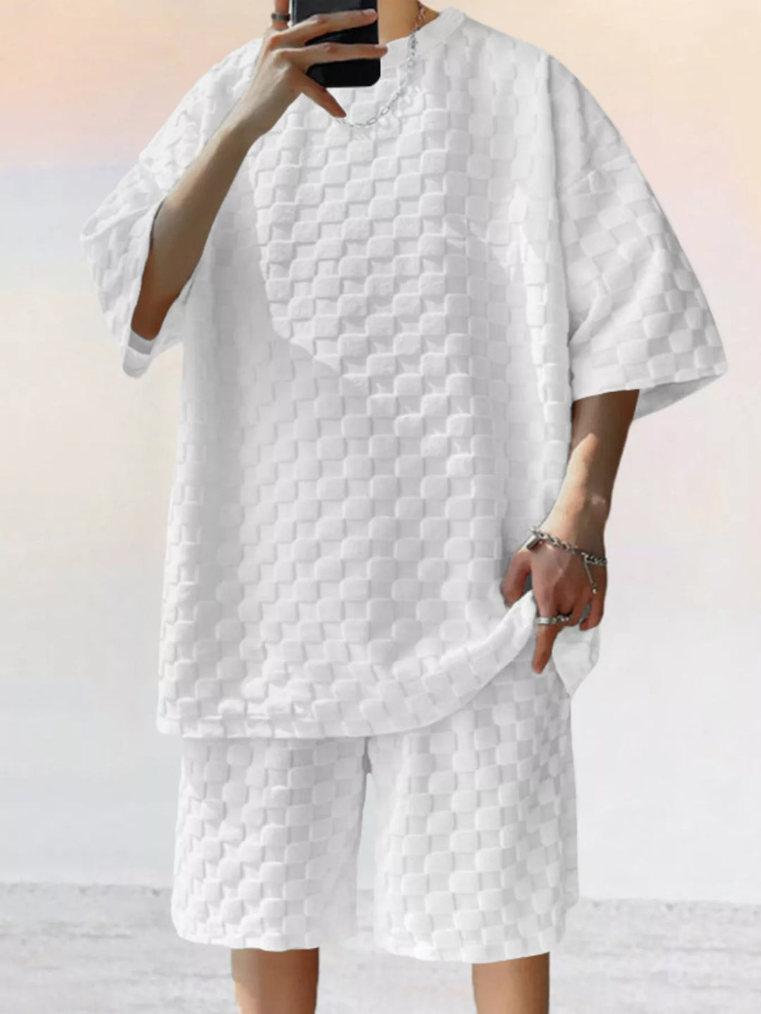 Men's Full Size Textured Short Sleeve Tee and Shorts Casual Set Plus Size