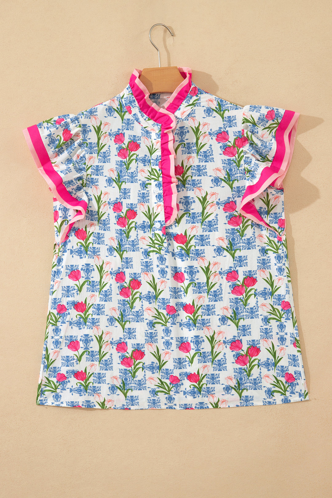 Rose Floral Print Color Block Striped Trim Flutter Sleeve Half Button Blouse