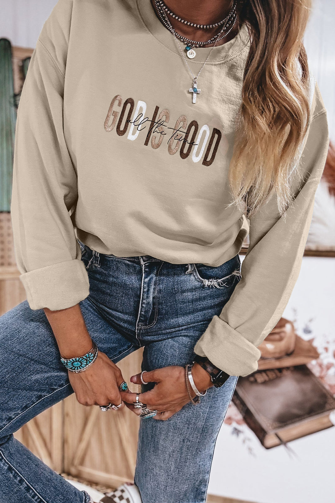 Jet Stream GOD IS GOOD Western Embroidered Letter Crewneck Pullover Sweatshirt