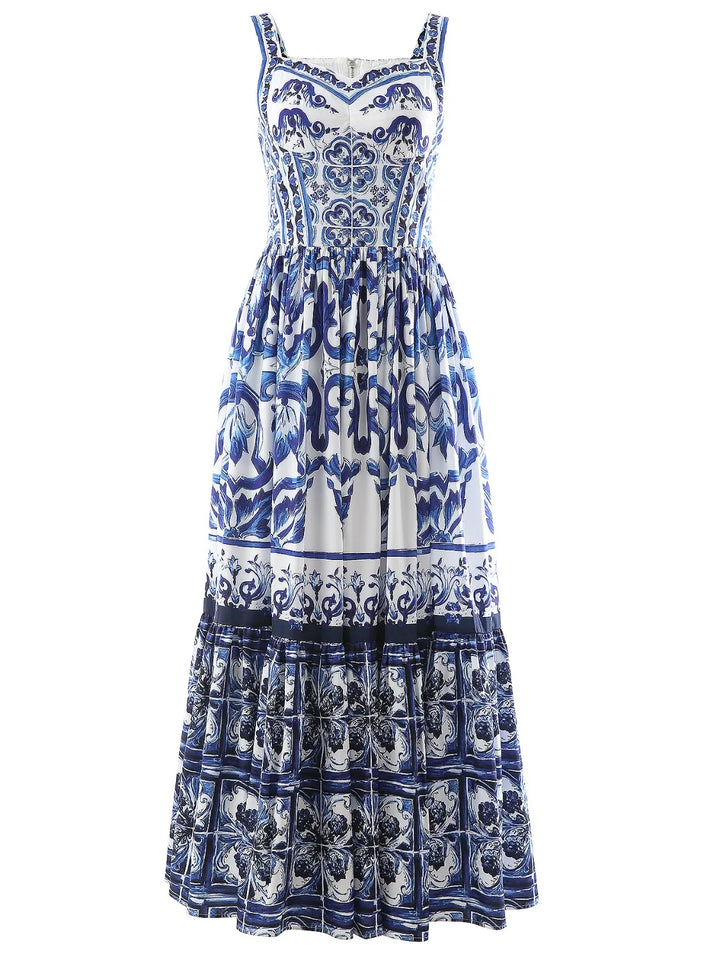 Smocked Printed Wide Strap Dress