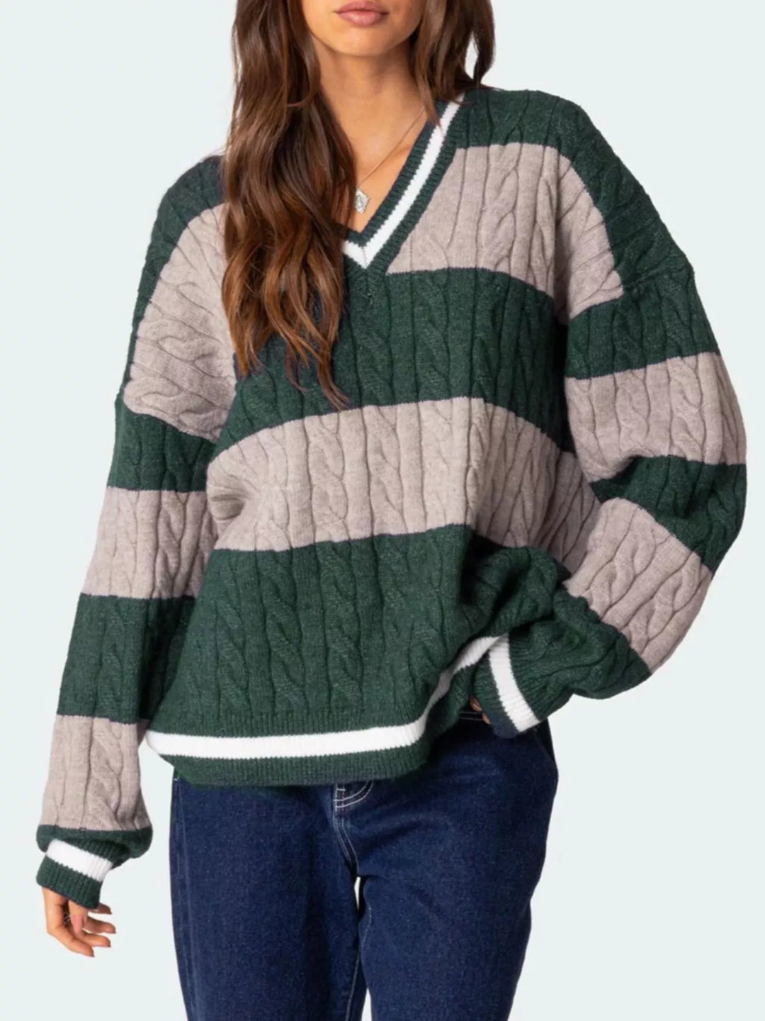 Striped Cable Knit V-Neck Sweater