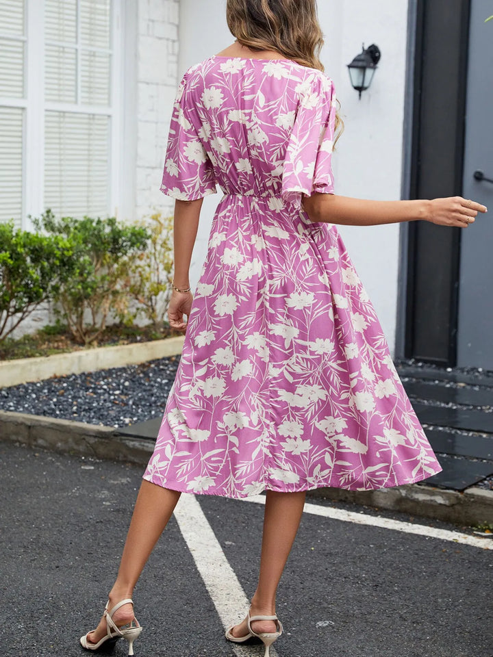 Floral Flutter Sleeve V-Neck Summer Midi Dress