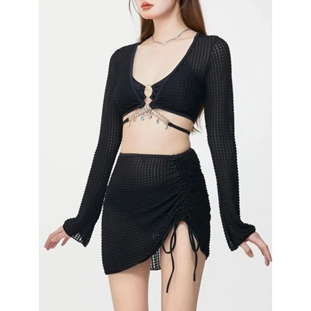 Ivory Mesh Chain Bikini Set – Long Sleeve Lace-Up Beachwear