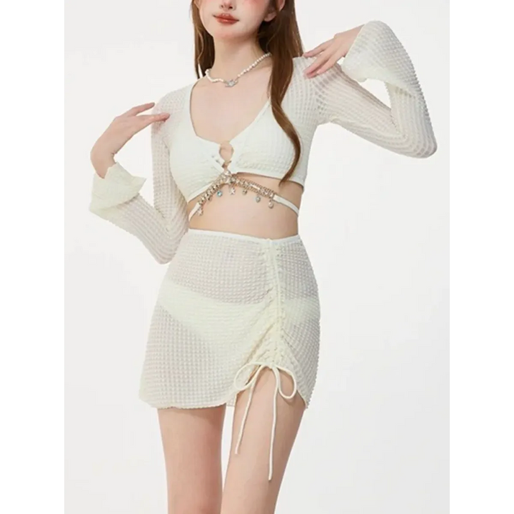 Ivory Mesh Chain Bikini Set – Long Sleeve Lace-Up Beachwear