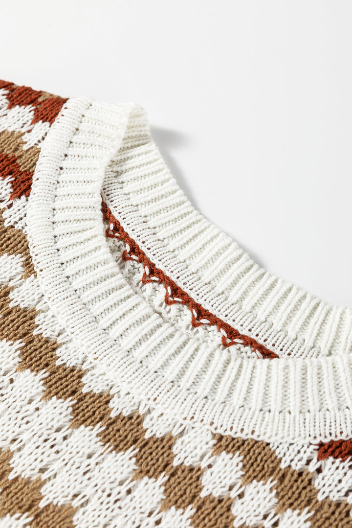 Brown Stripe Eyelet Patterned Drop Shoulder Sweater