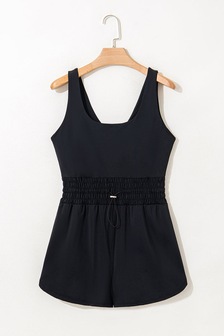 Black Plain Sleeveless Loop Drawstring Cinched Waist Romper