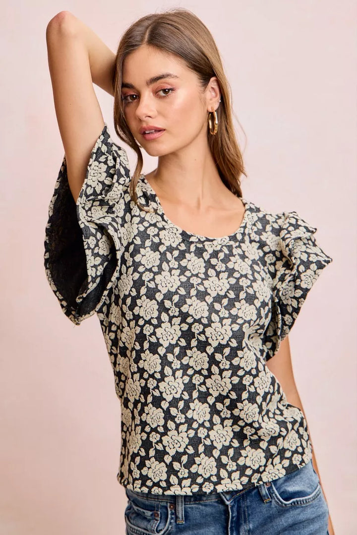BiBi Floral Jacquard Ruffle Sleeves Knit Top