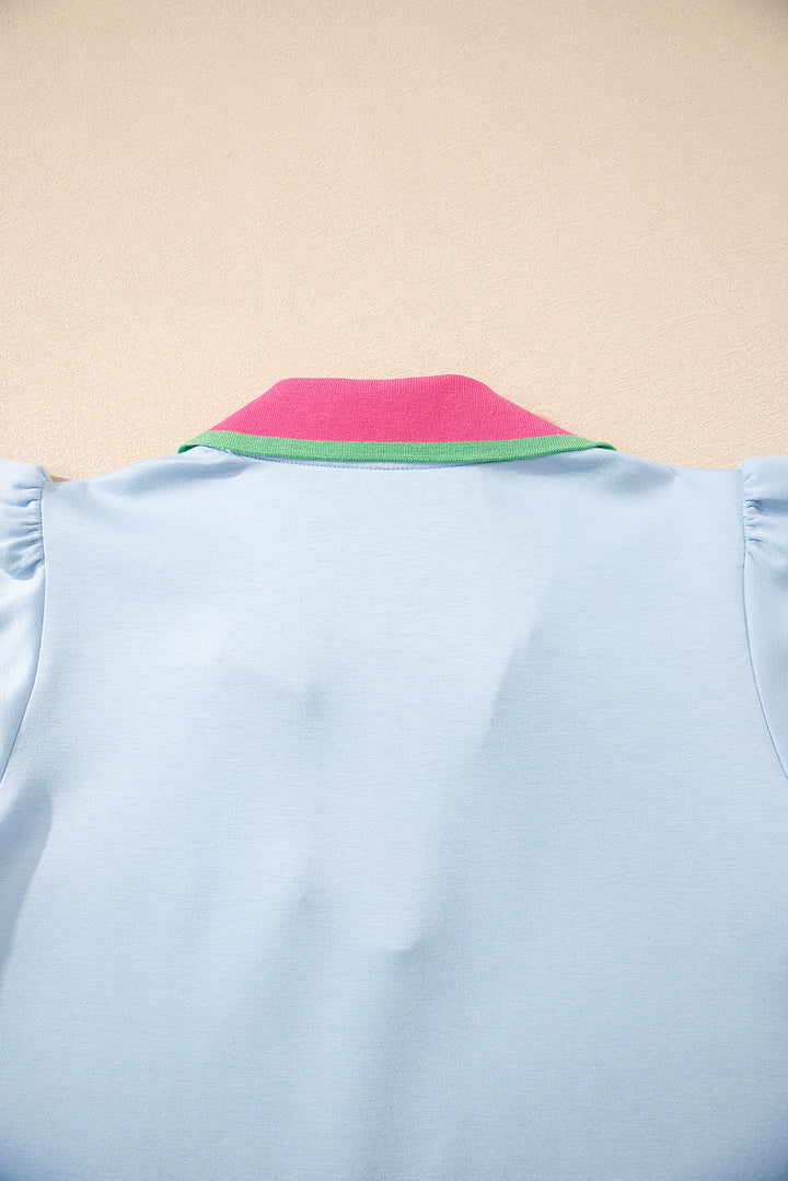 Beau Blue Color Contrast Ruffled Sleeve Collared V Neck Blouse