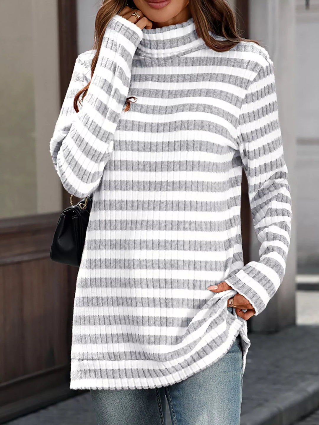 Striped Turtleneck Long Sleeve Knit Top