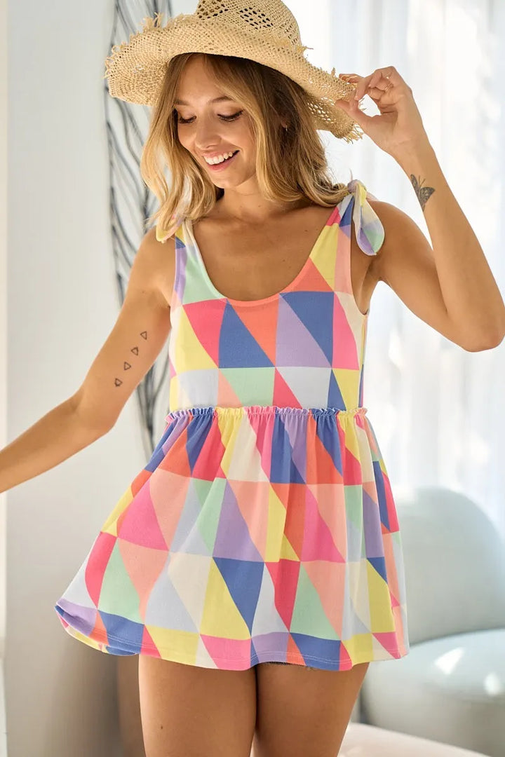 BiBi Multi Color Block Brushed Tied Ribbon Shoulder Top